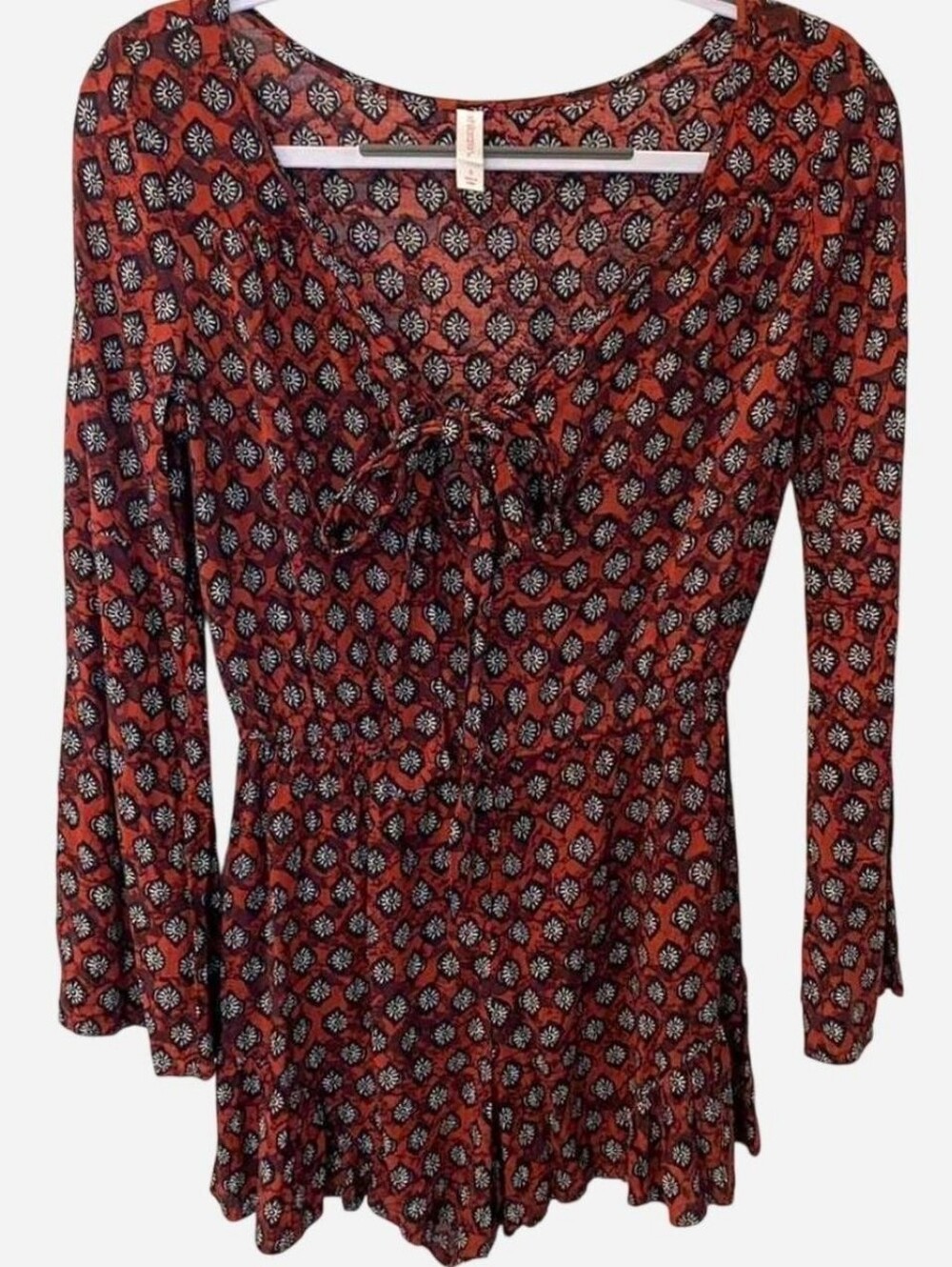 Xhilaration Rust Red Abstract Floral Romper Tie-Front Long Bell Sleeve Playsuit - Picture 2 of 6
